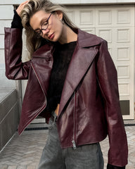 PU Leather Zip-Up Long Sleeve Jacket