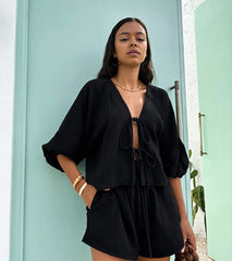 Tie-Front Long Sleeve Shorts Set