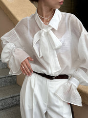 Loose Organza Bowknot Lace Bubble Long Sleeve Shirt