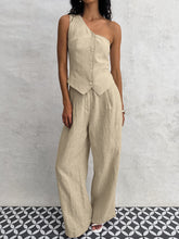 One Shoulder Sleeveless Button Down Tops and Wide Leg Pants Suit
