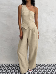 One Shoulder Sleeveless Button Down Tops and Wide Leg Pants Suit