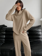 Turtleneck Solid Color Long Sleeve & Long Pants Casual Two-piece Set