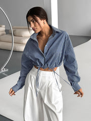 Long Sleeve Cropped Tie Striped Shirt