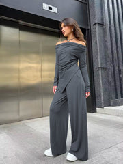 Grey Knitting Off Shoulder Long Sleeve Top High Waist Wide Leg Pants Casual Two Piece Set