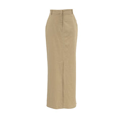 Khaki Cotton and Linen Split Midi Skirt