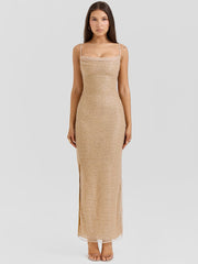 Beaded Mesh Overlay Gown