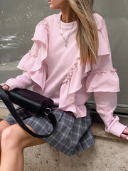 Flouncy Round Neck Long Sleeve Loose Sweatshirt