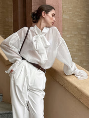 Loose Organza Bowknot Lace Bubble Long Sleeve Shirt