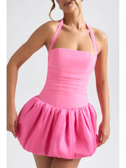 Halterneck Lace-Up Bubble Hem Mini Dress