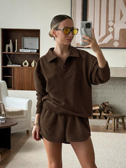 Brown Long Sleeve Top and Elasticated Shorts Two Piece Set