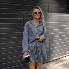 Solid Hoodie Crop Top Shorts Set