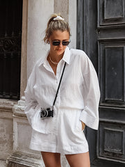 Long-Sleeve Plain Shirt + Elastic Waist Shorts