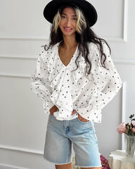 White Turn Down CollarFlare Sleeve Heart Printed Blouse