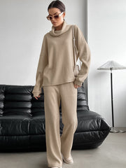 Turtleneck Solid Color Long Sleeve & Long Pants Casual Two-piece Set