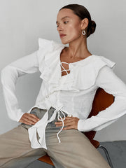 Ruffled Lace Up Blouse