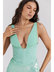 Sequin Plunge Neck Corset Midi Dress