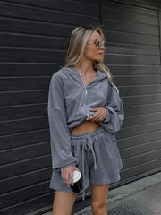 Solid Hoodie Crop Top Shorts Set
