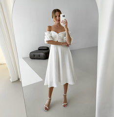 Square Collar Puff Sleeve Off Shoulder Midi Dress
