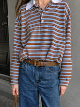 Striped Print Buttons Contrast Turndown Collar Tops