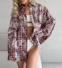 Tie Dye Print Button-Down Long Sleeve Plaid Shirt