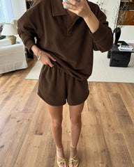 Brown Long Sleeve Top and Elasticated Shorts Two Piece Set