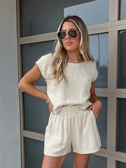 Cotton Linen Cap Sleeve Shorts Two Piece Set