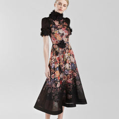 Floral Appliqued Mesh Midi Dress In Beige