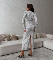 Polka Dots V Neck Stereo Flower Puff Sleeve Slim Dress