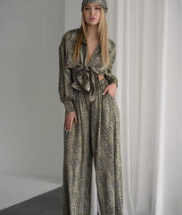 Leopard Print Loose Long Sleeve Trousers Suit