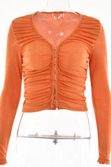 V Neck Long Sleeve Tshirt Single Breasted Invisible Button Crop Top