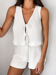 V Neck Tie Up Crop Tank Top Textured Shorts Set