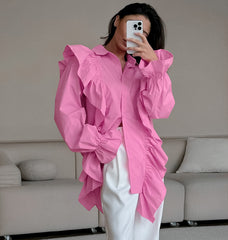 Ruffle Patchwork Turndown Collar Shirt