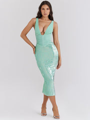 Sequin Plunge Neck Corset Midi Dress