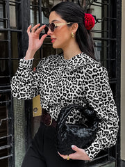 Long Sleeve Leopard Slim Fit Peplum Blouse