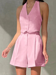 Sleeveless V Neck Halter Slim Top High Waist Shorts Set