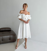Square Collar Puff Sleeve Off Shoulder Midi Dress