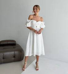 Square Collar Puff Sleeve Off Shoulder Midi Dress