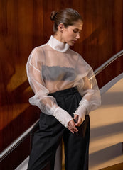 Sheer Mesh Puff Sleeve Shirt Top