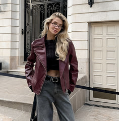 PU Leather Zip-Up Long Sleeve Jacket