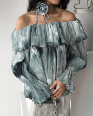 Print Off Shoulder Long Sleeve Top