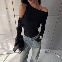 Slim Long Sleeve Cross Wrap Off Shoulder Crop Top