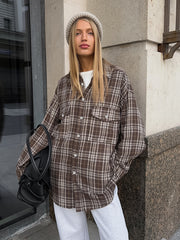 Vintage Double Pocket Plaid Striped Midi Shirt