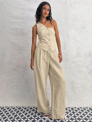 One Shoulder Sleeveless Button Down Tops and Wide Leg Pants Suit