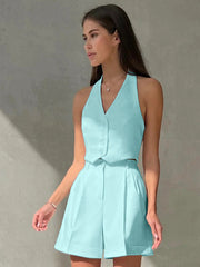 Sleeveless V Neck Halter Slim Top High Waist Shorts Set