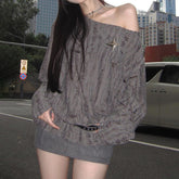 Long-Sleeve Off-Shoulder Plain Distressed T-Shirt