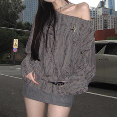 Long-Sleeve Off-Shoulder Plain Distressed T-Shirt