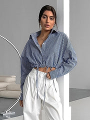 Long Sleeve Cropped Tie Striped Shirt