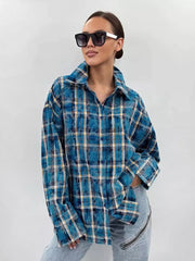 Checked Shirt Collar Pure Cotton Top