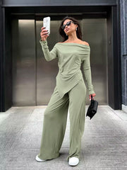 Grey Knitting Off Shoulder Long Sleeve Top High Waist Wide Leg Pants Casual Two Piece Set