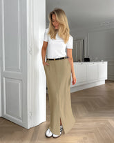 Khaki Cotton and Linen Split Midi Skirt